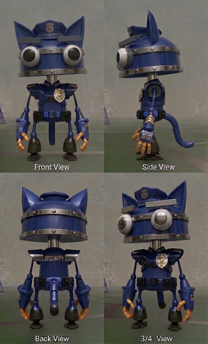 Four-view turnaround sheet — front, side, back and three-quarter — for Bobby, a playable Catbot in Catnip Wars