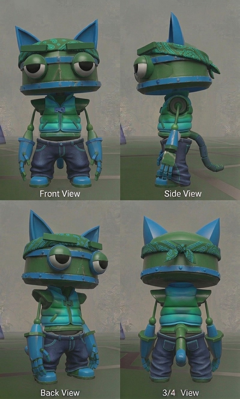 Four-view turnaround sheet — front, side, back and three-quarter — for Cholo, a playable Catbot in Catnip Wars