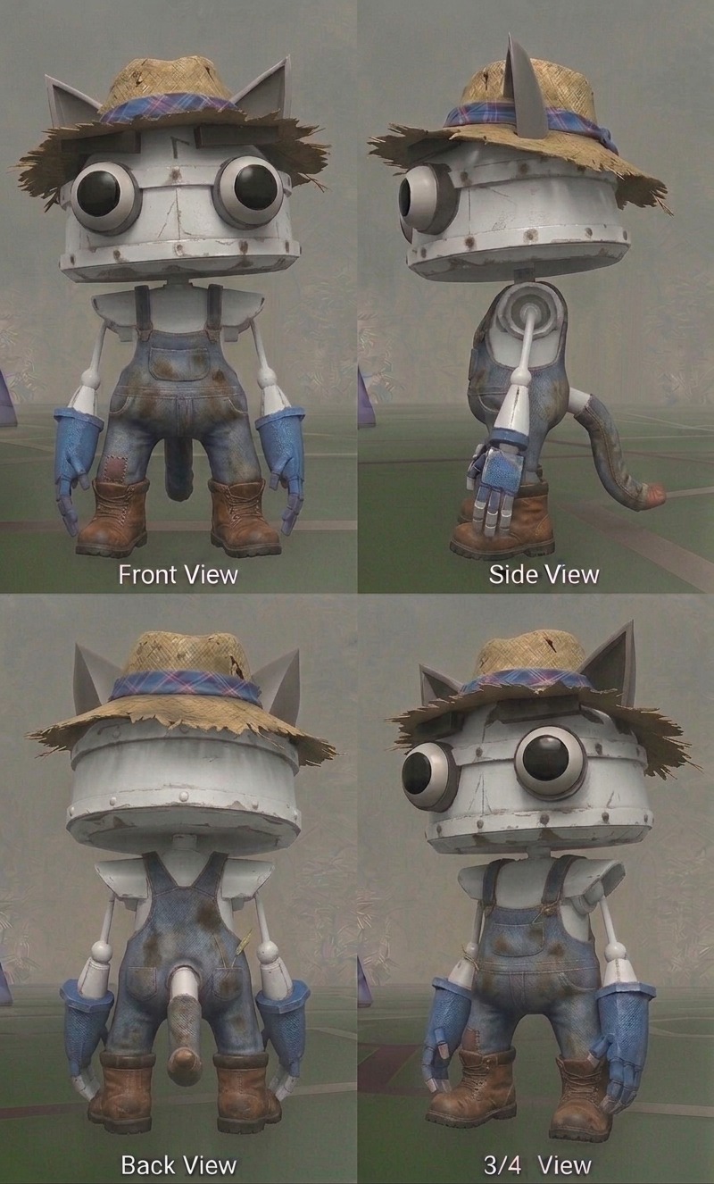 Four-view turnaround sheet — front, side, back and three-quarter — for Farmer, a playable Catbot in Catnip Wars