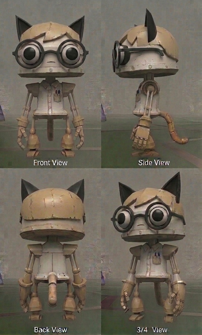 Four-view turnaround sheet — front, side, back and three-quarter — for Gizmo, a playable Catbot in Catnip Wars