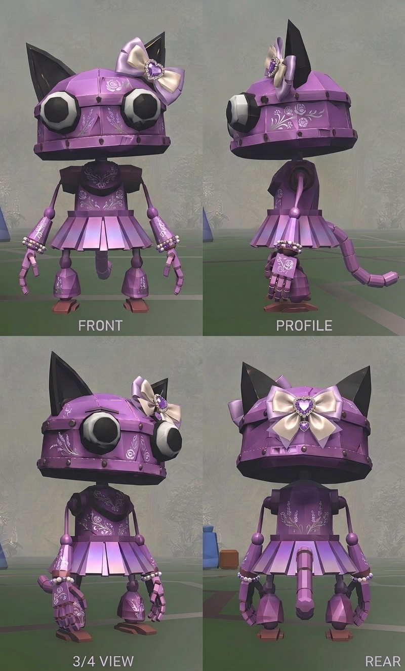 Four-view turnaround sheet — front, side, back and three-quarter — for Lavender, a playable Catbot in Catnip Wars