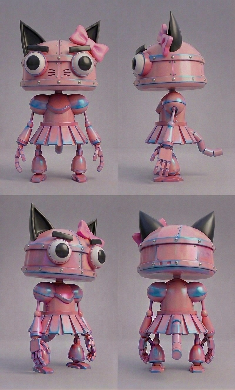 Four-view turnaround sheet — front, side, back and three-quarter — for Pastel, a playable Catbot in Catnip Wars