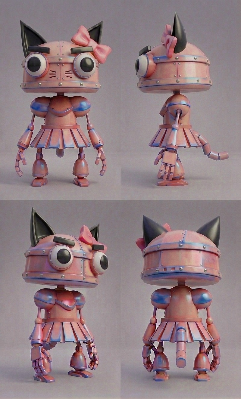 Four-view turnaround sheet — front, side, back and three-quarter — for Pinky, a playable Catbot in Catnip Wars