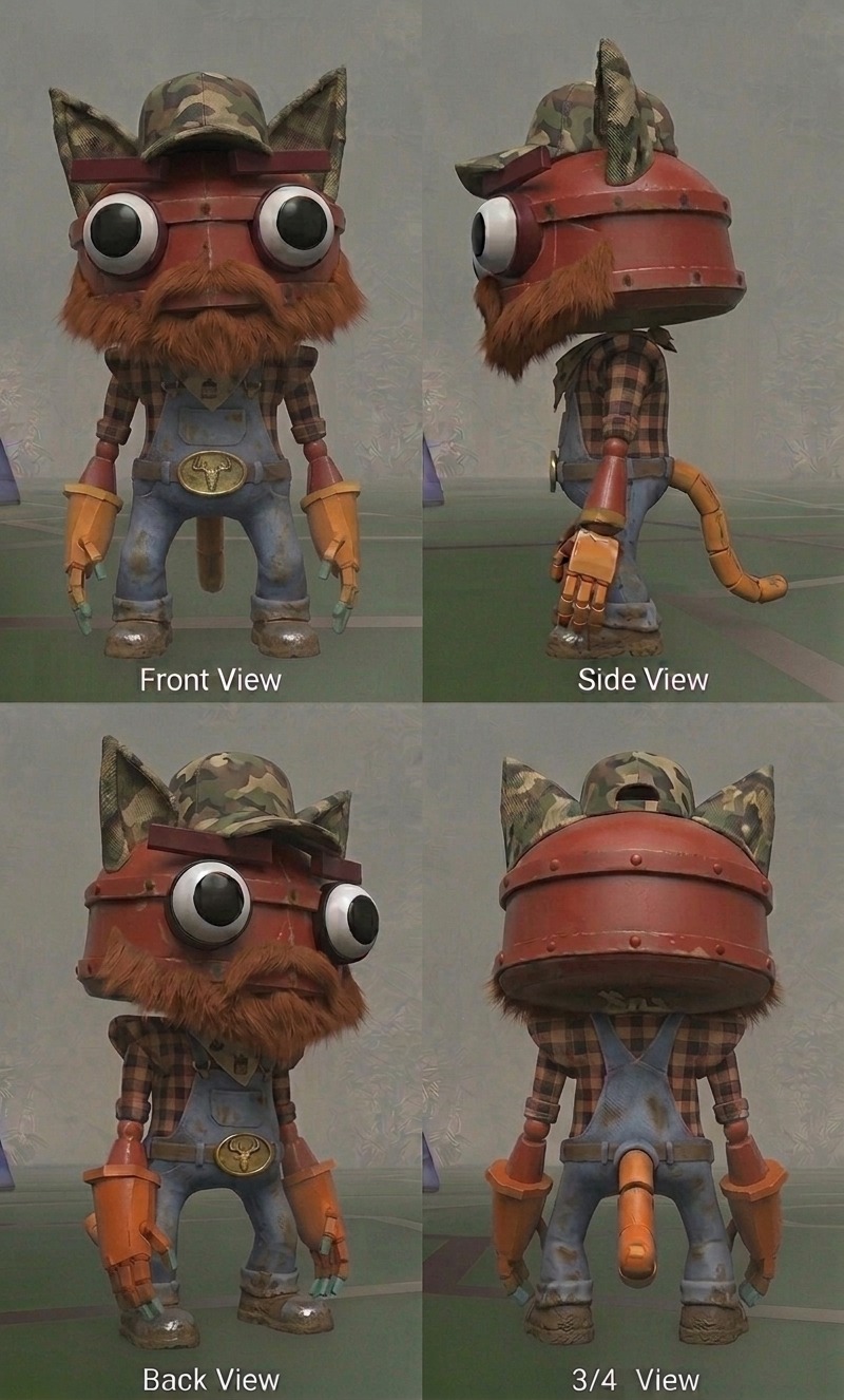 Four-view turnaround sheet — front, side, back and three-quarter — for Ranger, a playable Catbot in Catnip Wars