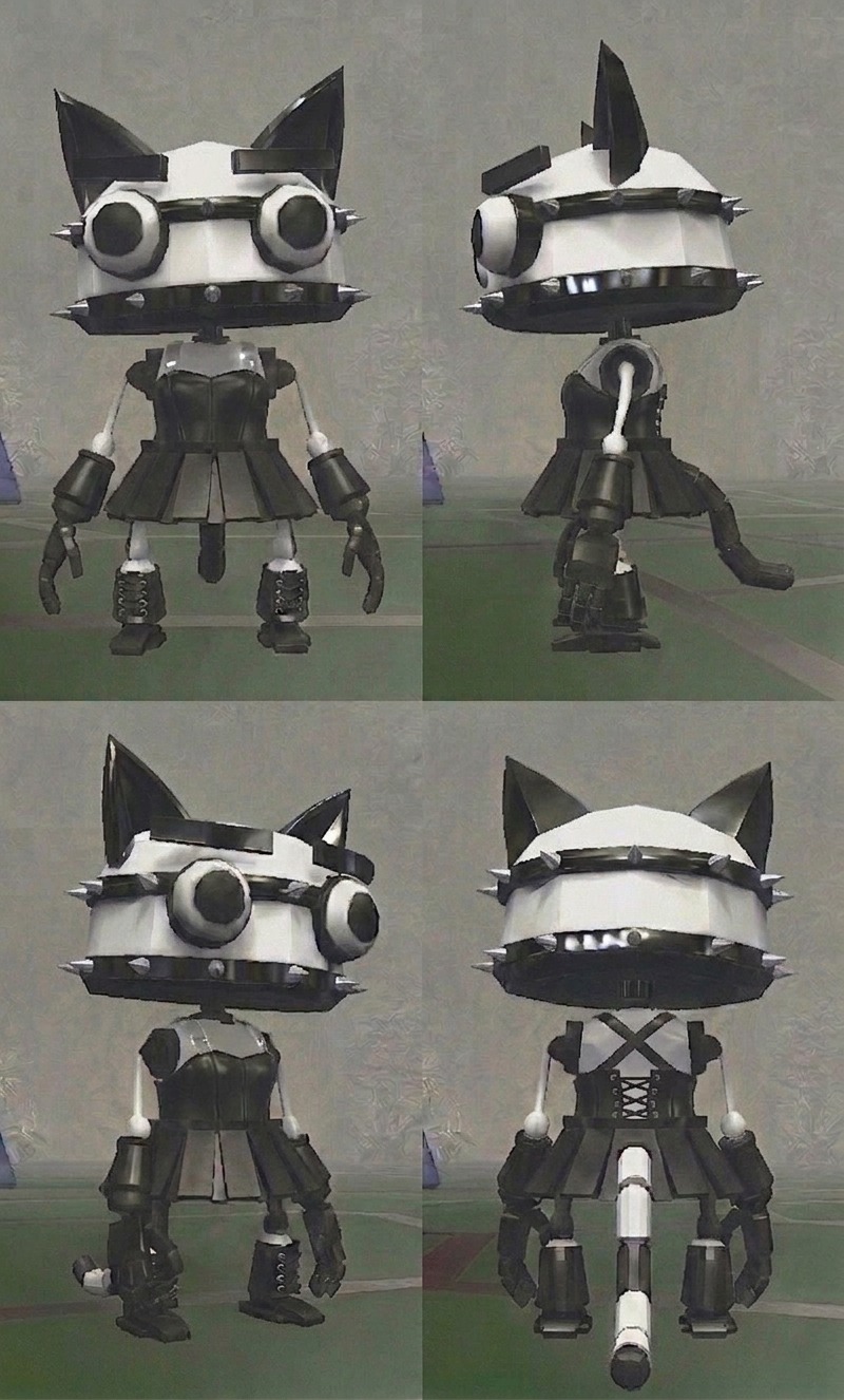 Four-view turnaround sheet — front, side, back and three-quarter — for Raven, a playable Catbot in Catnip Wars