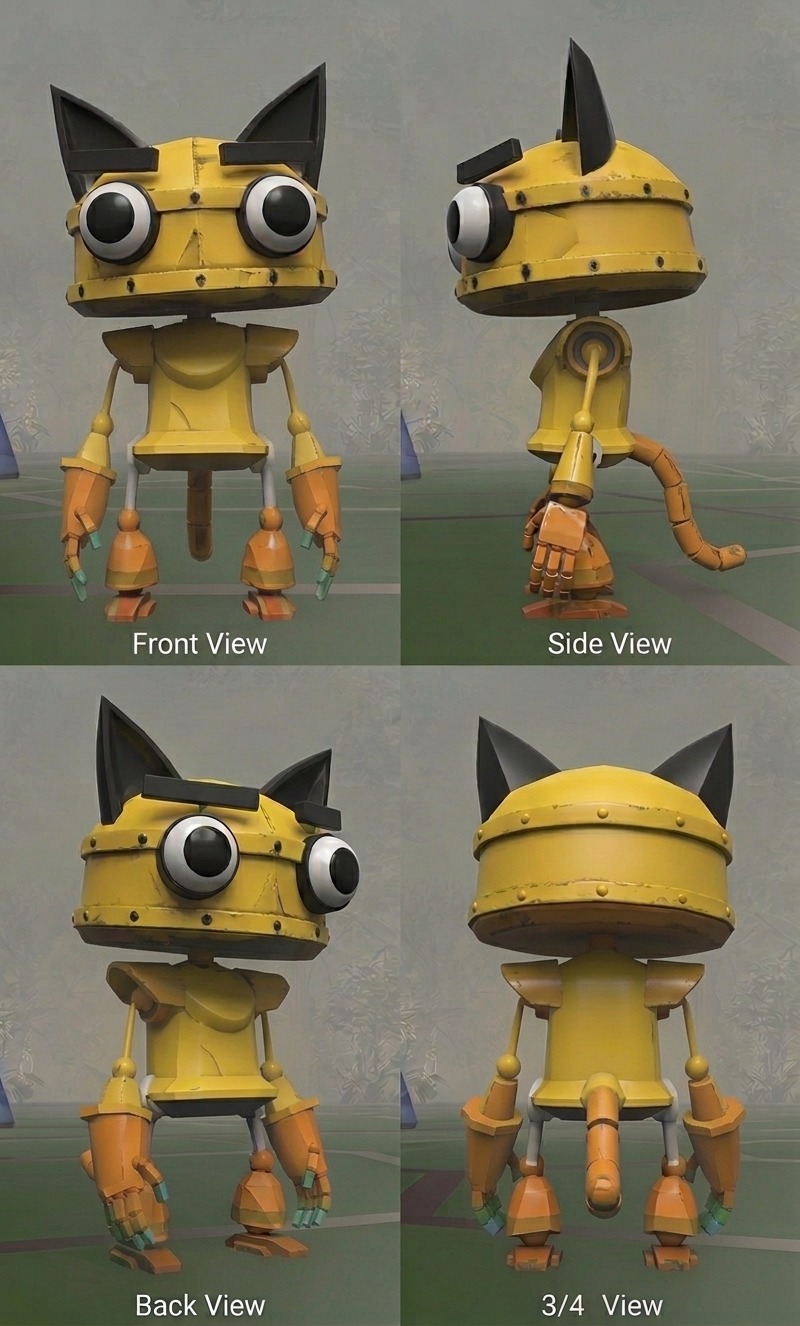 Four-view turnaround sheet — front, side, back and three-quarter — for Rusty, a playable Catbot in Catnip Wars