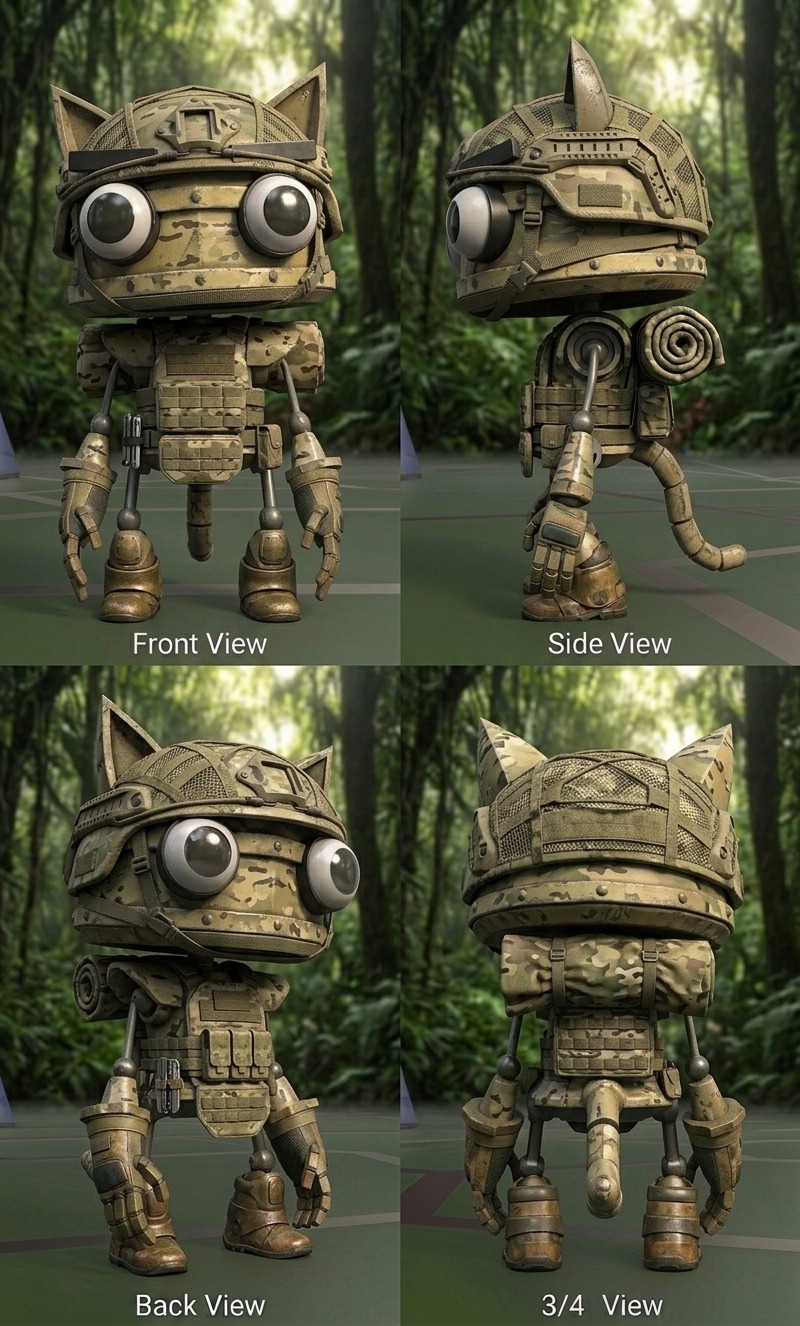 Four-view turnaround sheet — front, side, back and three-quarter — for Scout, a playable Catbot in Catnip Wars